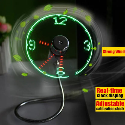 DIY USB Fan Gadget Mini LED Light Flash Clock Fan Flexible Alloy Real-time Clock Display Cool Fan for PC&Laptop&Car&Mobile Power