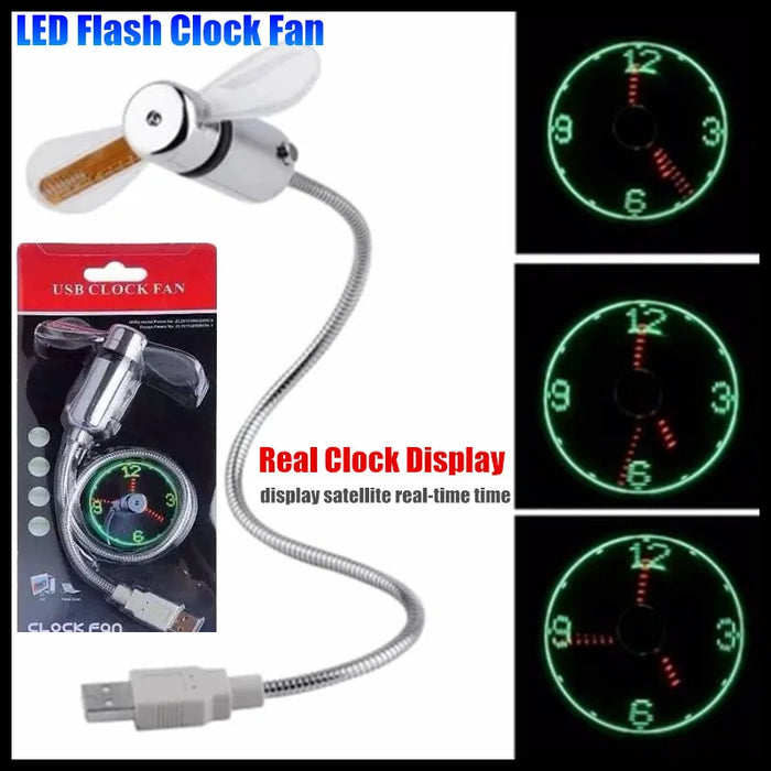 DIY USB Fan Gadget Mini LED Light Flash Clock Fan Flexible Alloy Real-time Clock Display Cool Fan for PC&Laptop&Car&Mobile Power