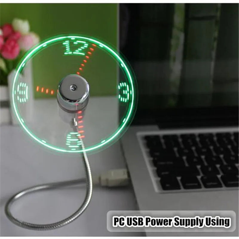 DIY USB Fan Gadget Mini LED Light Flash Clock Fan Flexible Alloy Real-time Clock Display Cool Fan for PC&Laptop&Car&Mobile Power