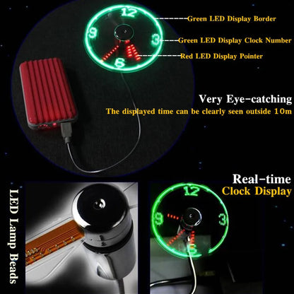DIY USB Fan Gadget Mini LED Light Flash Clock Fan Flexible Alloy Real-time Clock Display Cool Fan for PC&Laptop&Car&Mobile Power