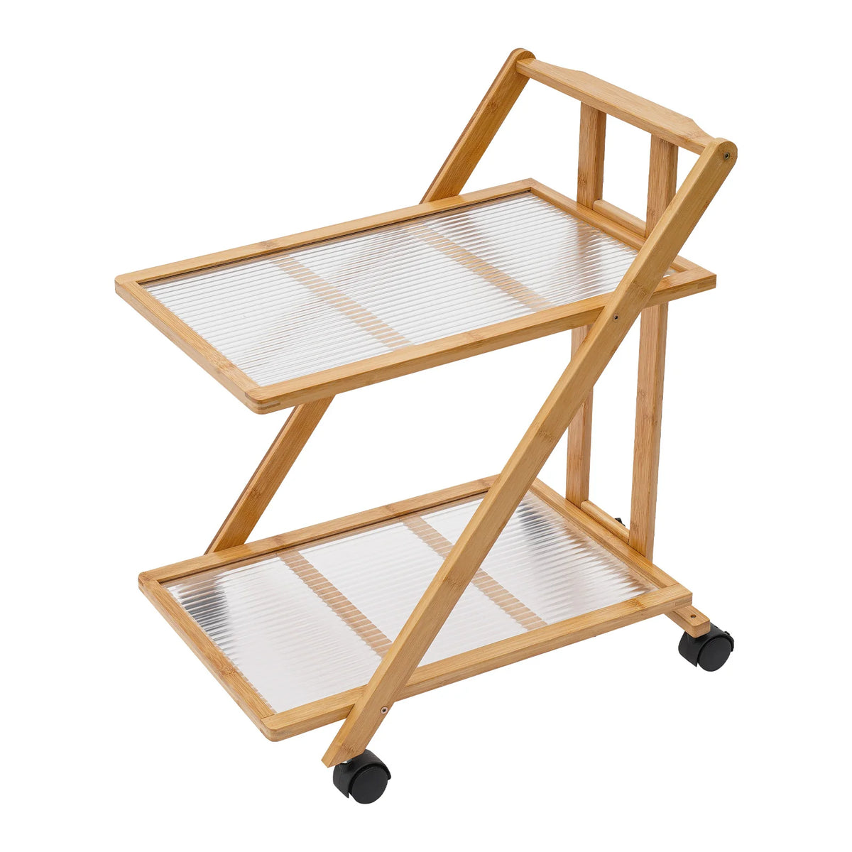 2 Tier Rolling Cart Bamboo Foldable Storage Rack with Silent Wheels Brakes Triangular Organizer for Kitchen Living Room Bedroom Office Study Bathroom Balcony Books Cosmetics Kitchenware