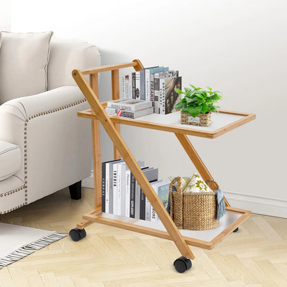 2 Tier Rolling Cart Bamboo Foldable Storage Rack with Silent Wheels Brakes Triangular Organizer for Kitchen Living Room Bedroom Office Study Bathroom Balcony Books Cosmetics Kitchenware